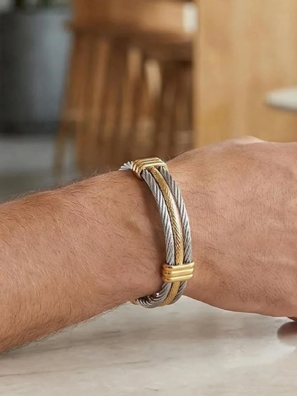 Gold and Silver Cable Cuff Bracelet - man Jewelry